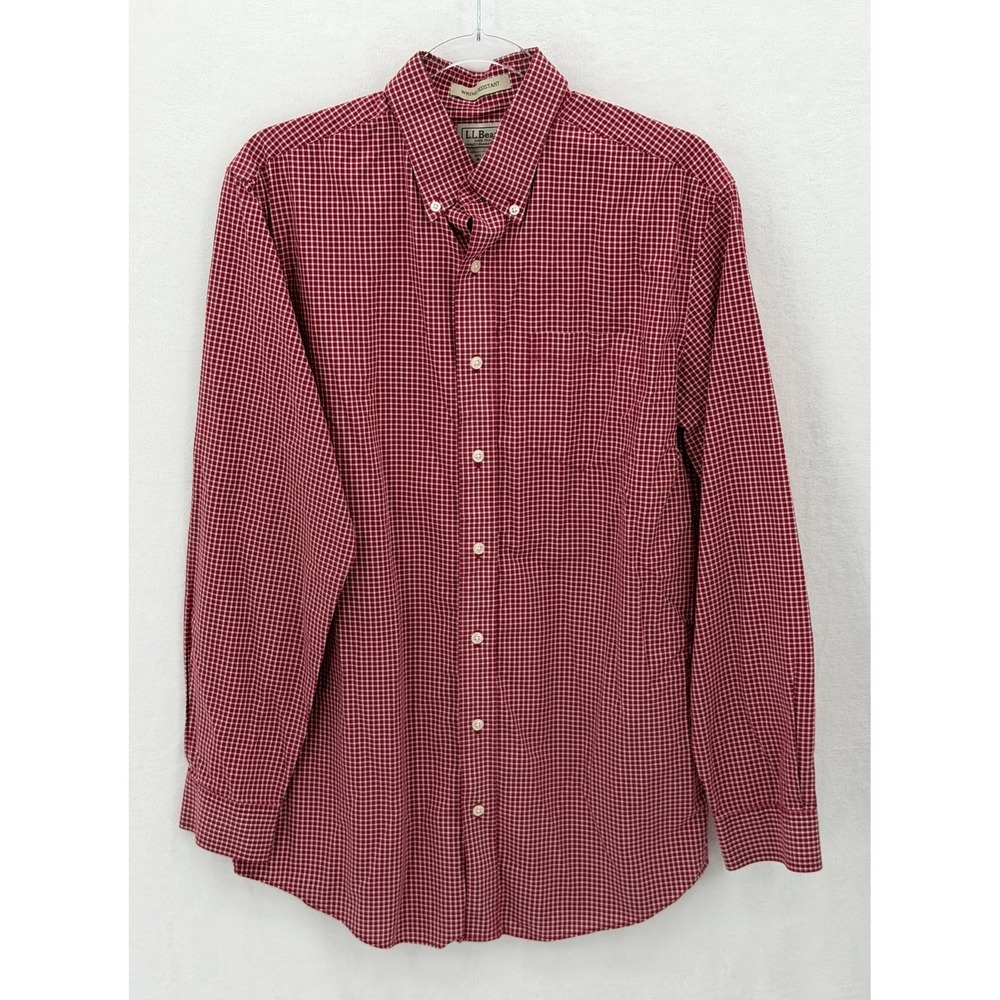 LL Bean Shirt Mens Medium Tall Red Check Button Up Wrinkle Resistant Casual Fall